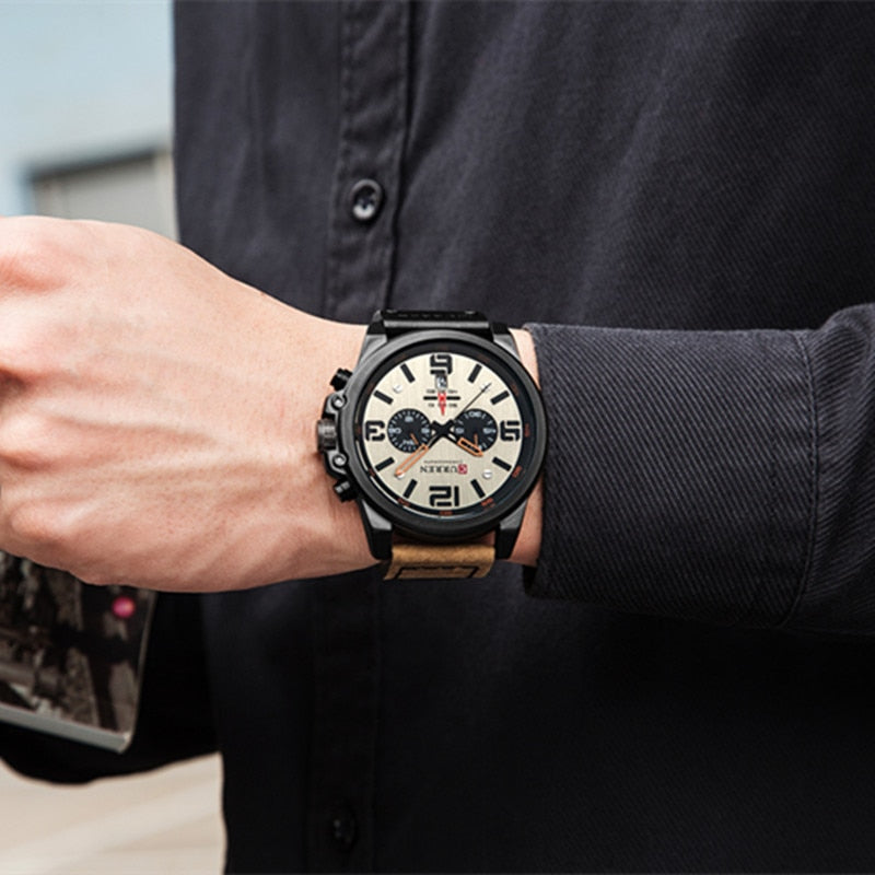 YSYH Men Watch Luxury Mens Quartz Wristwatches Male Leather Military Date Sport Watches