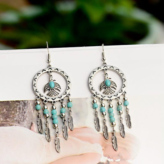 Vintage Silver Turquoise Tassel Beaded Earrings-Earrings-Rossny