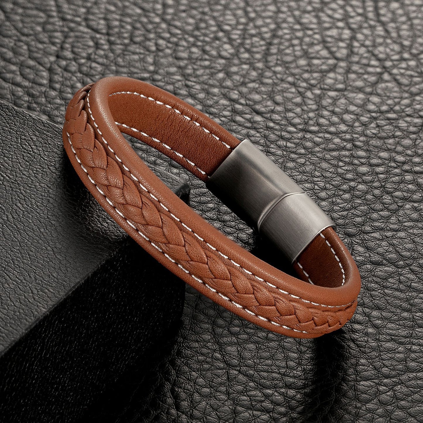 Classic leather rope bracelet stainless steel magnet buckle bracelet cowhide braided mixed color men's bracelet