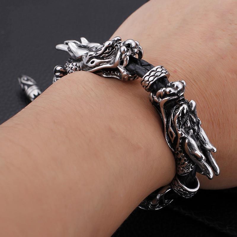 Leather Adjustable stainless steel dragon Bracelet-Bracelets-Rossny