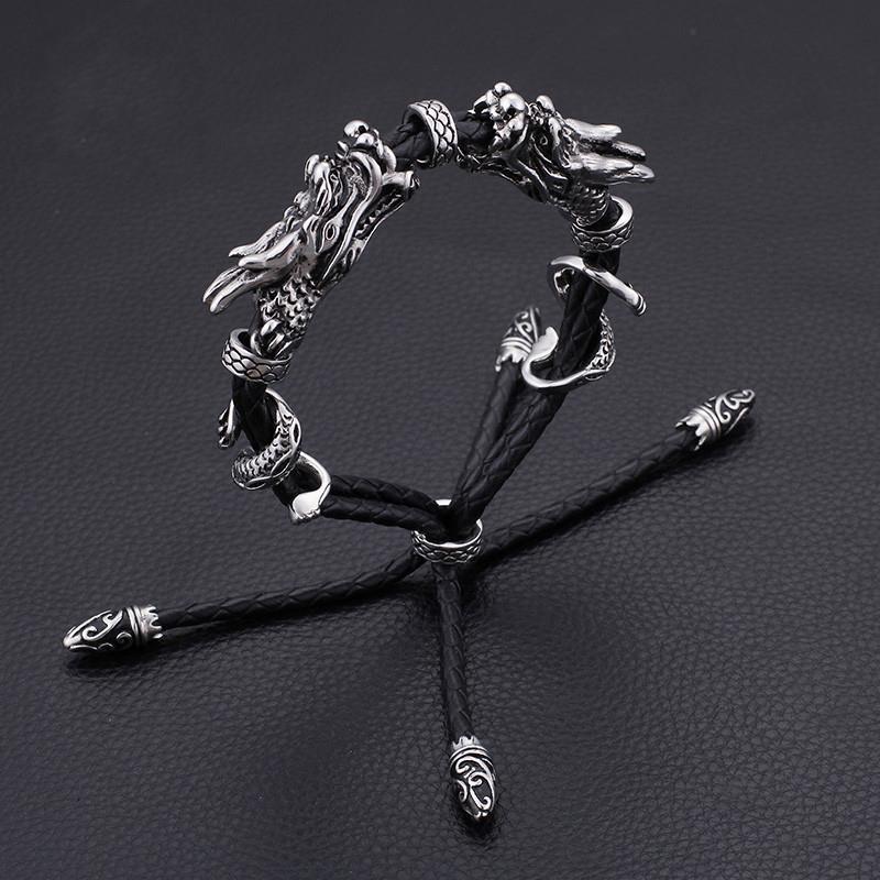 Leather Adjustable stainless steel dragon Bracelet-Bracelets-Rossny