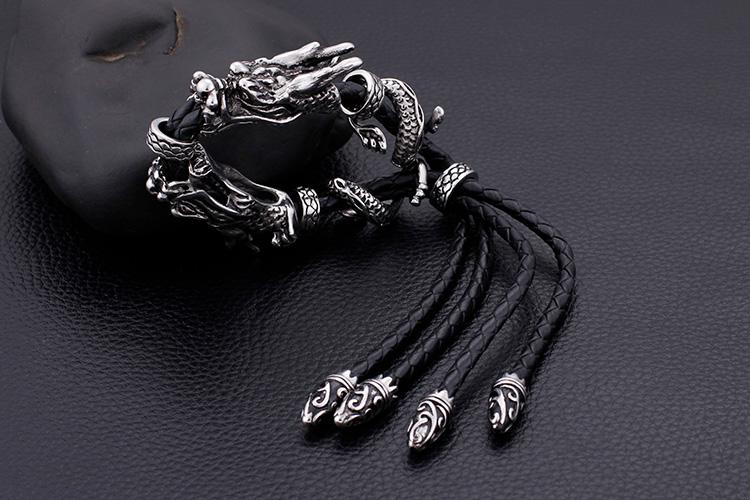Leather Adjustable stainless steel dragon Bracelet-Bracelets-Rossny
