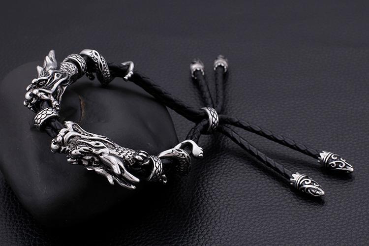 Leather Adjustable stainless steel dragon Bracelet-Bracelets-Rossny