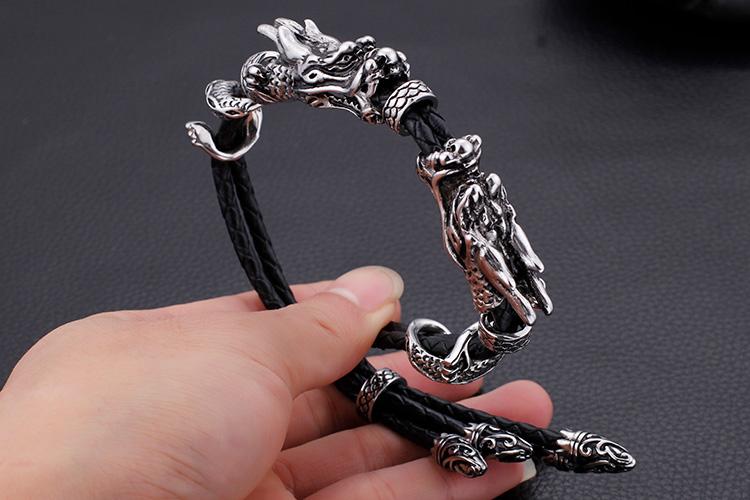 Leather Adjustable stainless steel dragon Bracelet-Bracelets-Rossny