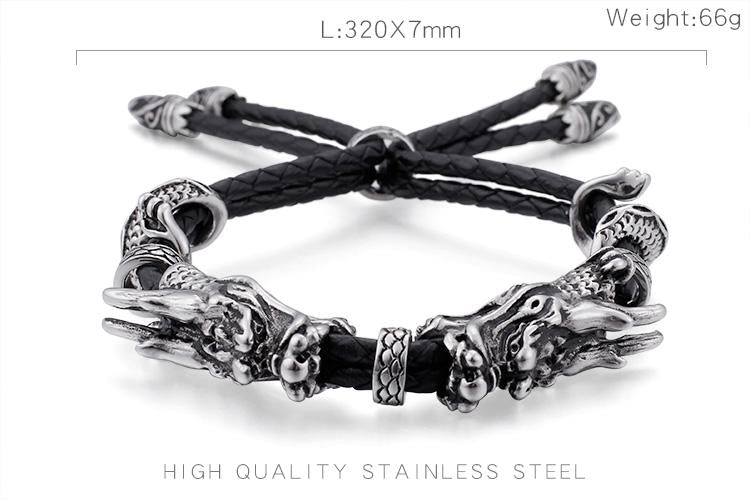 Leather Adjustable stainless steel dragon Bracelet-Bracelets-Rossny