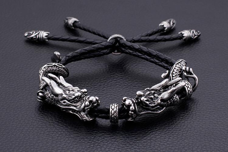 Leather Adjustable stainless steel dragon Bracelet-Bracelets-Rossny