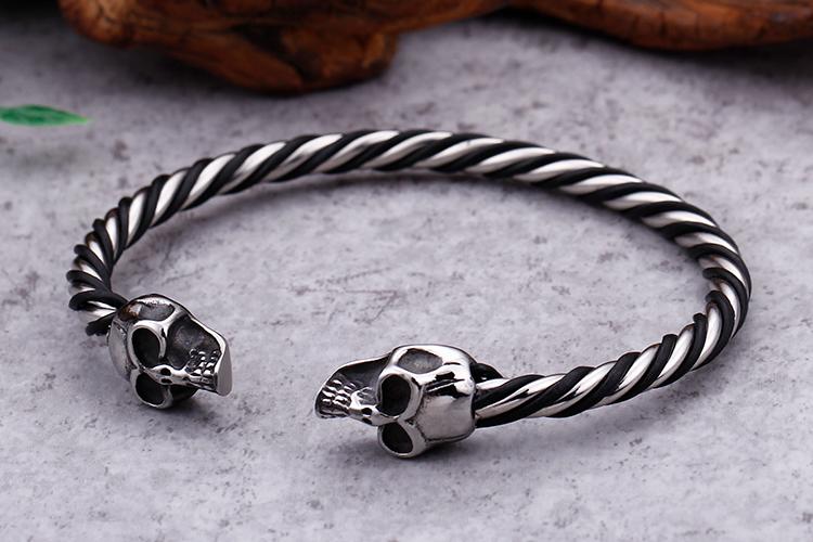 Stainless Steel Double Skull Heads Cuff Bracelet & Bangle Gothic Twist Wristband Biker Jewelry-Bracelets-Rossny