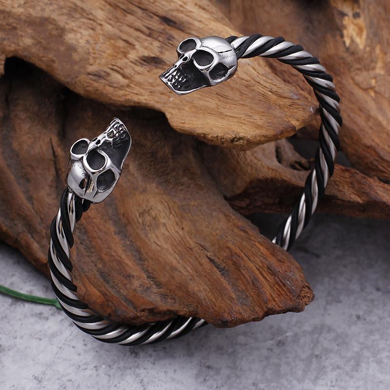 Stainless Steel Double Skull Heads Cuff Bracelet & Bangle Gothic Twist Wristband Biker Jewelry-Bracelets-Rossny