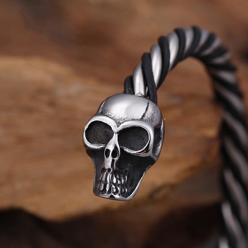 Stainless Steel Double Skull Heads Cuff Bracelet & Bangle Gothic Twist Wristband Biker Jewelry-Bracelets-Rossny