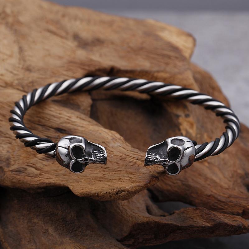 Stainless Steel Double Skull Heads Cuff Bracelet & Bangle Gothic Twist Wristband Biker Jewelry-Bracelets-Rossny
