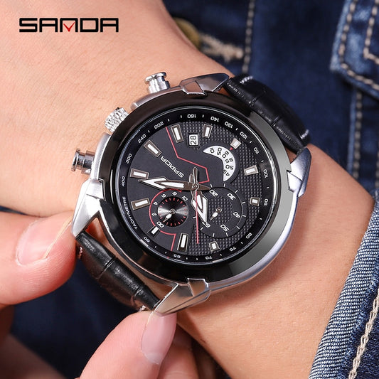 SANDA Men's Sport Watches Chronograph Leather Strap Quartz Army Military Wristwatches Top Brand Luxury Watch Men Clock  New