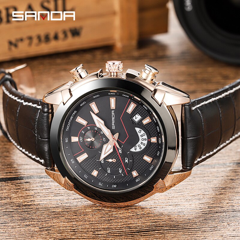 SANDA Men's Sport Watches Chronograph Leather Strap Quartz Army Military Wristwatches Top Brand Luxury Watch Men Clock  New