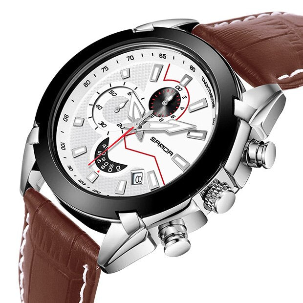 SANDA Men's Sport Watches Chronograph Leather Strap Quartz Army Military Wristwatches Top Brand Luxury Watch Men Clock  New