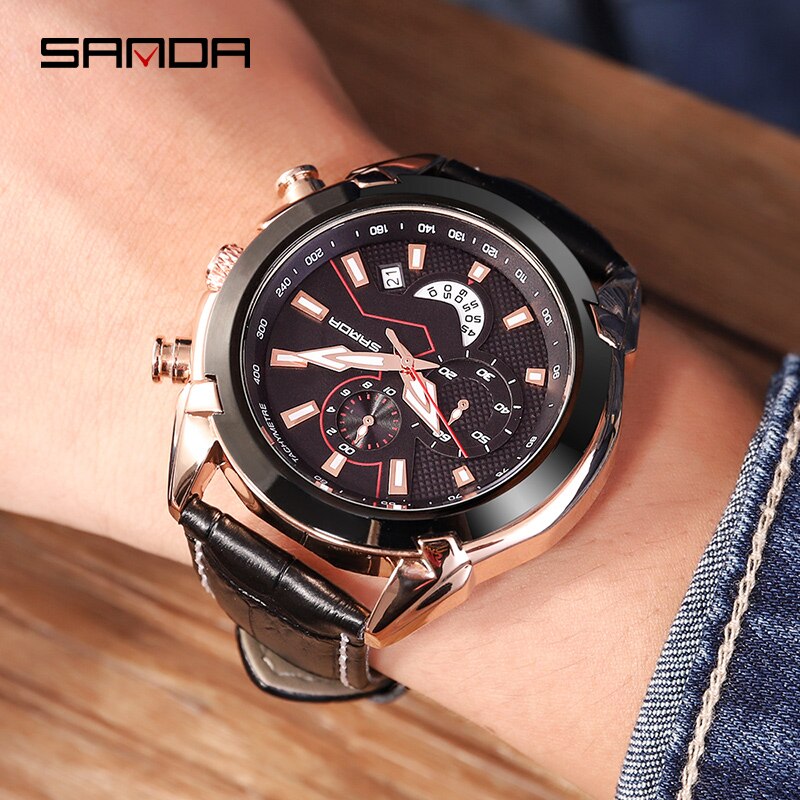 SANDA Men's Sport Watches Chronograph Leather Strap Quartz Army Military Wristwatches Top Brand Luxury Watch Men Clock  New