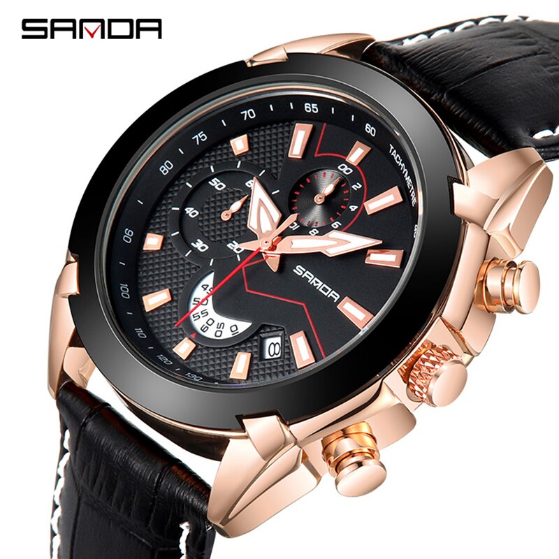 SANDA Men's Sport Watches Chronograph Leather Strap Quartz Army Military Wristwatches Top Brand Luxury Watch Men Clock  New