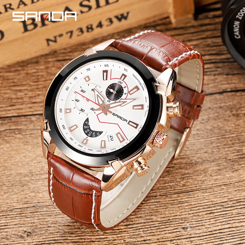 SANDA Men's Sport Watches Chronograph Leather Strap Quartz Army Military Wristwatches Top Brand Luxury Watch Men Clock  New