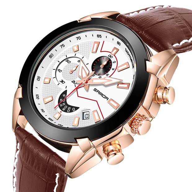 SANDA Men's Sport Watches Chronograph Leather Strap Quartz Army Military Wristwatches Top Brand Luxury Watch Men Clock  New