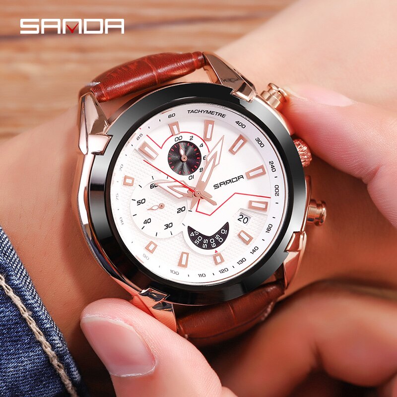 SANDA Men's Sport Watches Chronograph Leather Strap Quartz Army Military Wristwatches Top Brand Luxury Watch Men Clock  New
