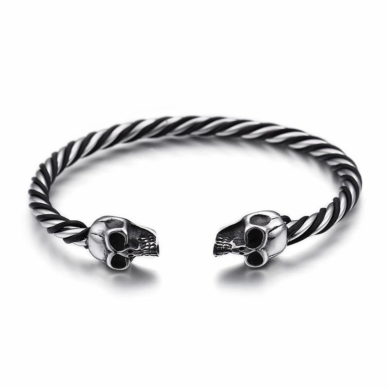 Stainless Steel Double Skull Heads Cuff Bracelet & Bangle Gothic Twist Wristband Biker Jewelry-Bracelets-Rossny