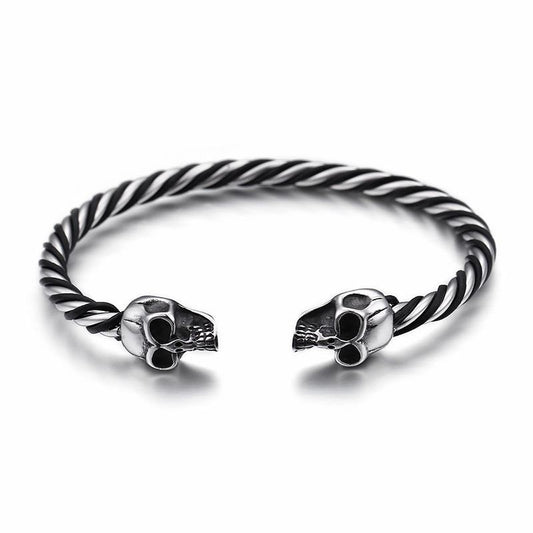Stainless Steel Double Skull Heads Cuff Bracelet & Bangle Gothic Twist Wristband Biker Jewelry-Bracelets-Rossny