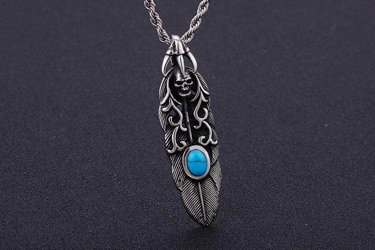 Punk Feather Skull Turquoise & Stainless Steel Chain Necklace Gothic Jewelry-Necklace Pendant-Rossny