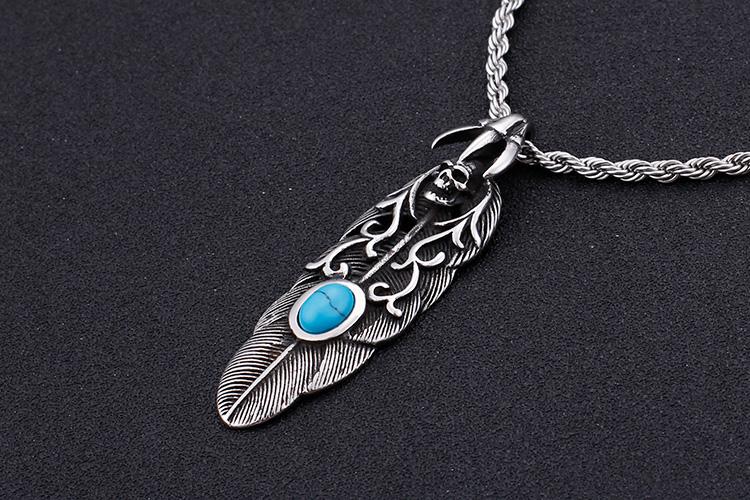 Punk Feather Skull Turquoise & Stainless Steel Chain Necklace Gothic Jewelry-Necklace Pendant-Rossny