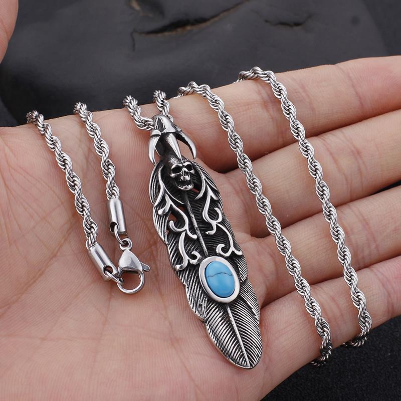 Punk Feather Skull Turquoise & Stainless Steel Chain Necklace Gothic Jewelry-Necklace Pendant-Rossny