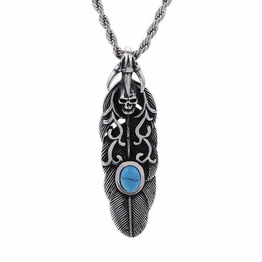 Punk Feather Skull Turquoise & Stainless Steel Chain Necklace Gothic Jewelry-Necklace Pendant-Rossny